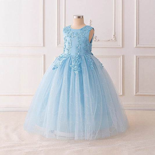 Girls Maxi A-Line Lace Tulle Dress – Princess Sequin Flower Girl Gown