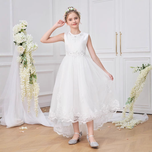 Girls' High-Low White A-Line Satin & Tulle Dress with Sequins and Lace