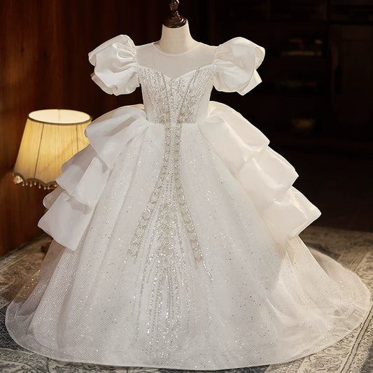 Charming Girls' White A-line Maxi Dress with Train | Party & Flower Girl Dress