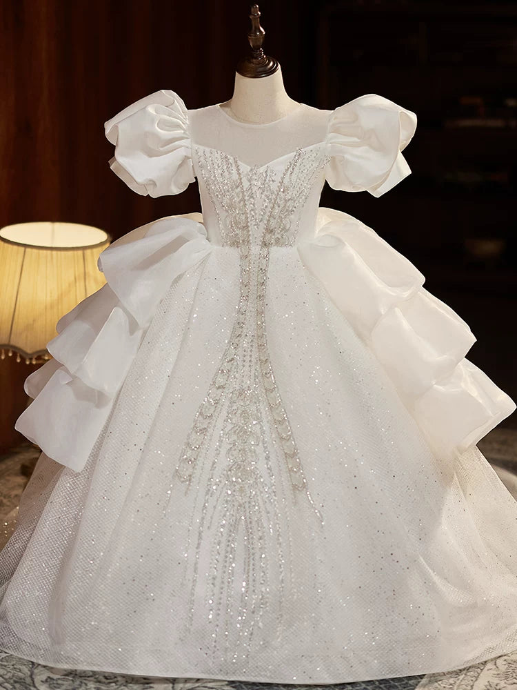 Charming Girls' White A-line Maxi Dress with Train | Party & Flower Girl Dress