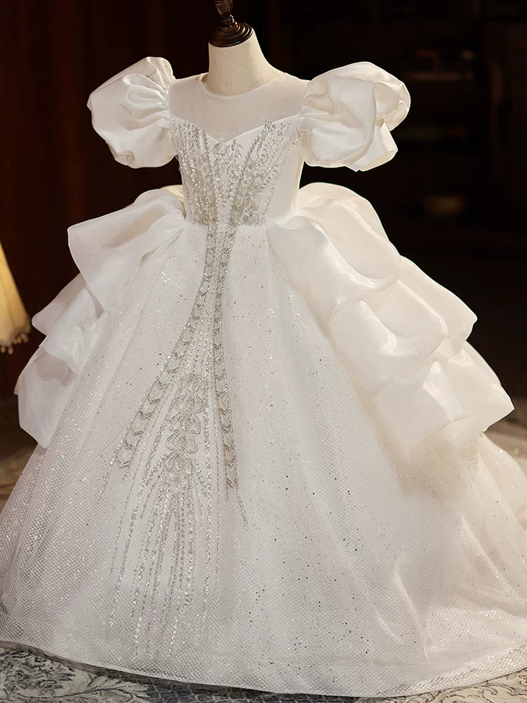 Charming Girls' White A-line Maxi Dress with Train | Party & Flower Girl Dress