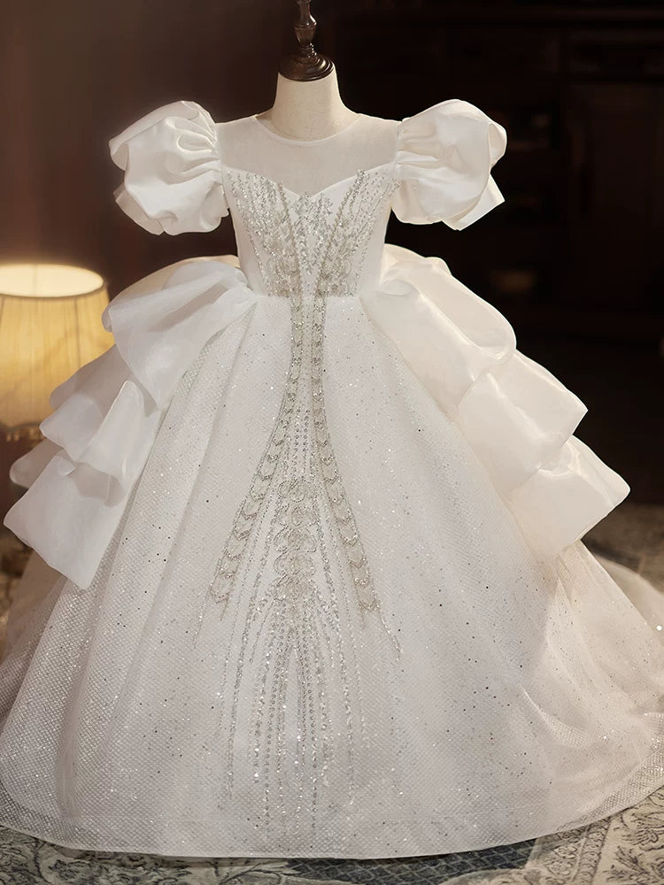 Charming Girls' White A-line Maxi Dress with Train | Party & Flower Girl Dress