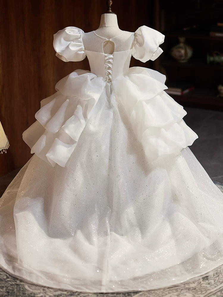 Charming Girls' White A-line Maxi Dress with Train | Party & Flower Girl Dress