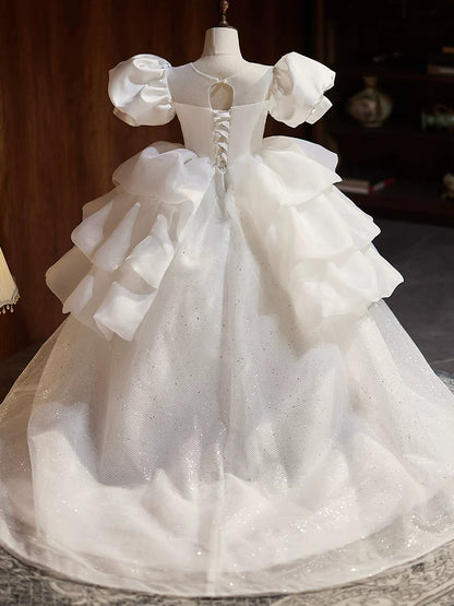 Charming Girls' White A-line Maxi Dress with Train | Party & Flower Girl Dress