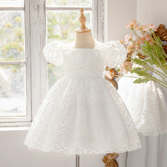 White Puff Sleeve Princess Dress for Girls | Tea Length Flower Girl Frock