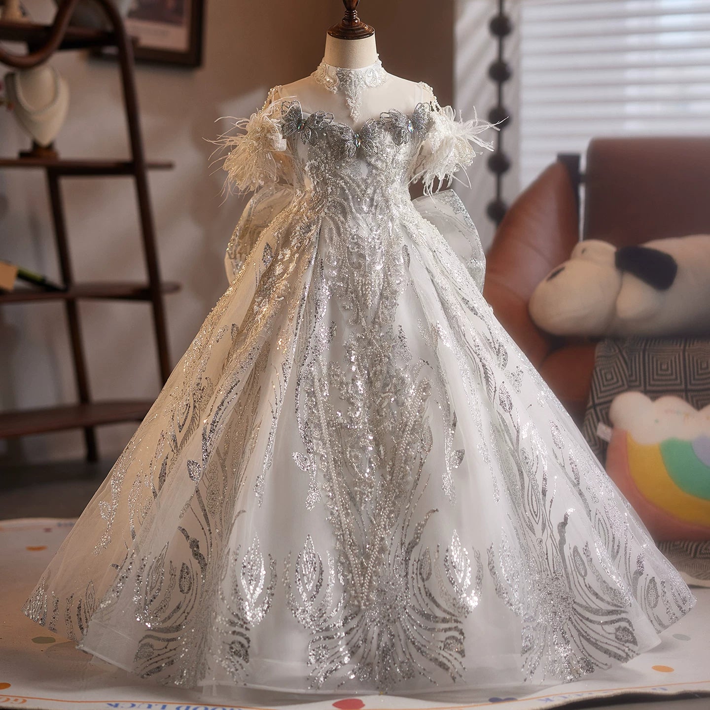 White Sequin Maxi Dress for Girls with Bow, Applique, and Fringe | Princess Party Dress