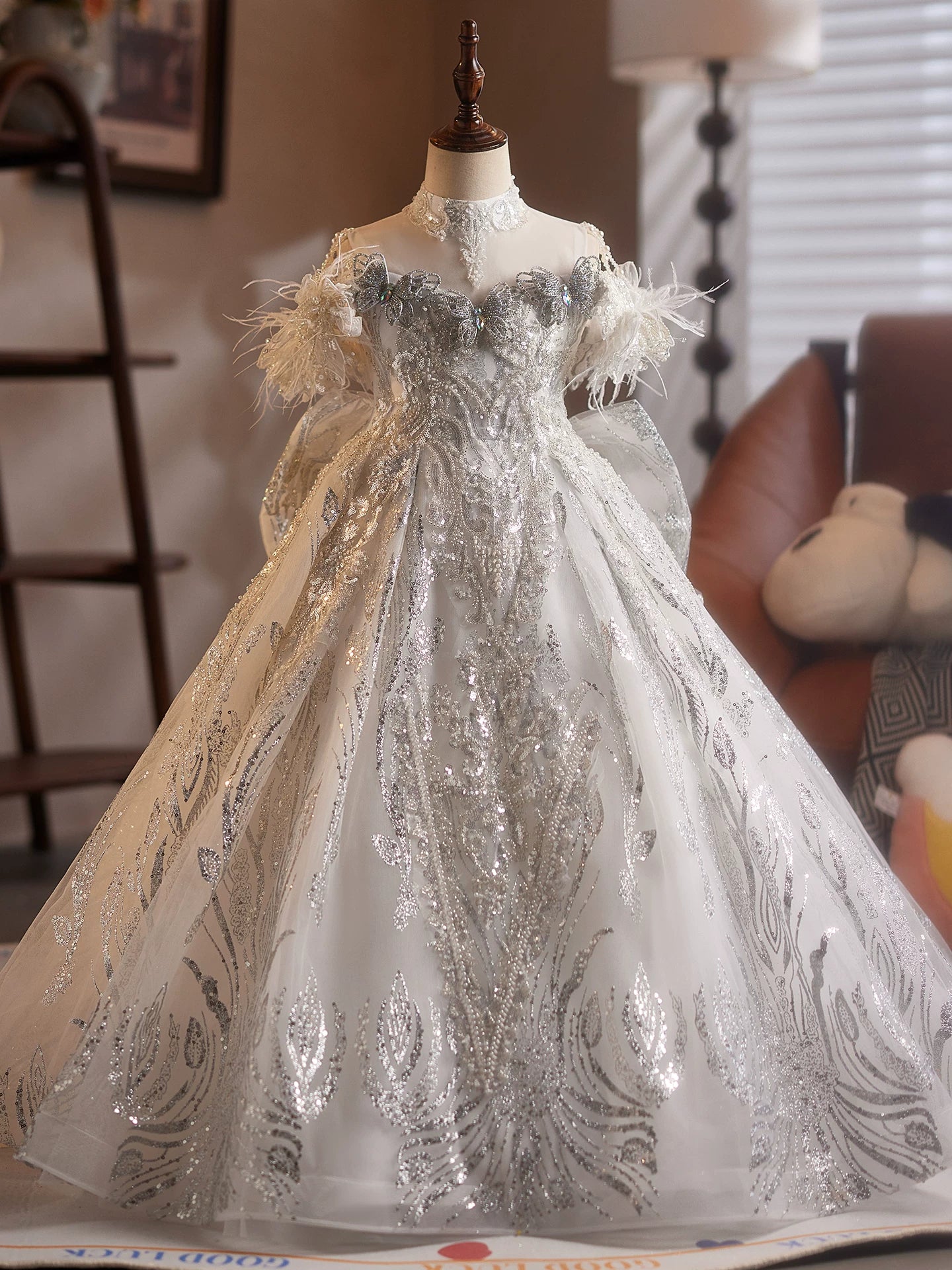 White Sequin Maxi Dress for Girls with Bow, Applique, and Fringe | Princess Party Dress