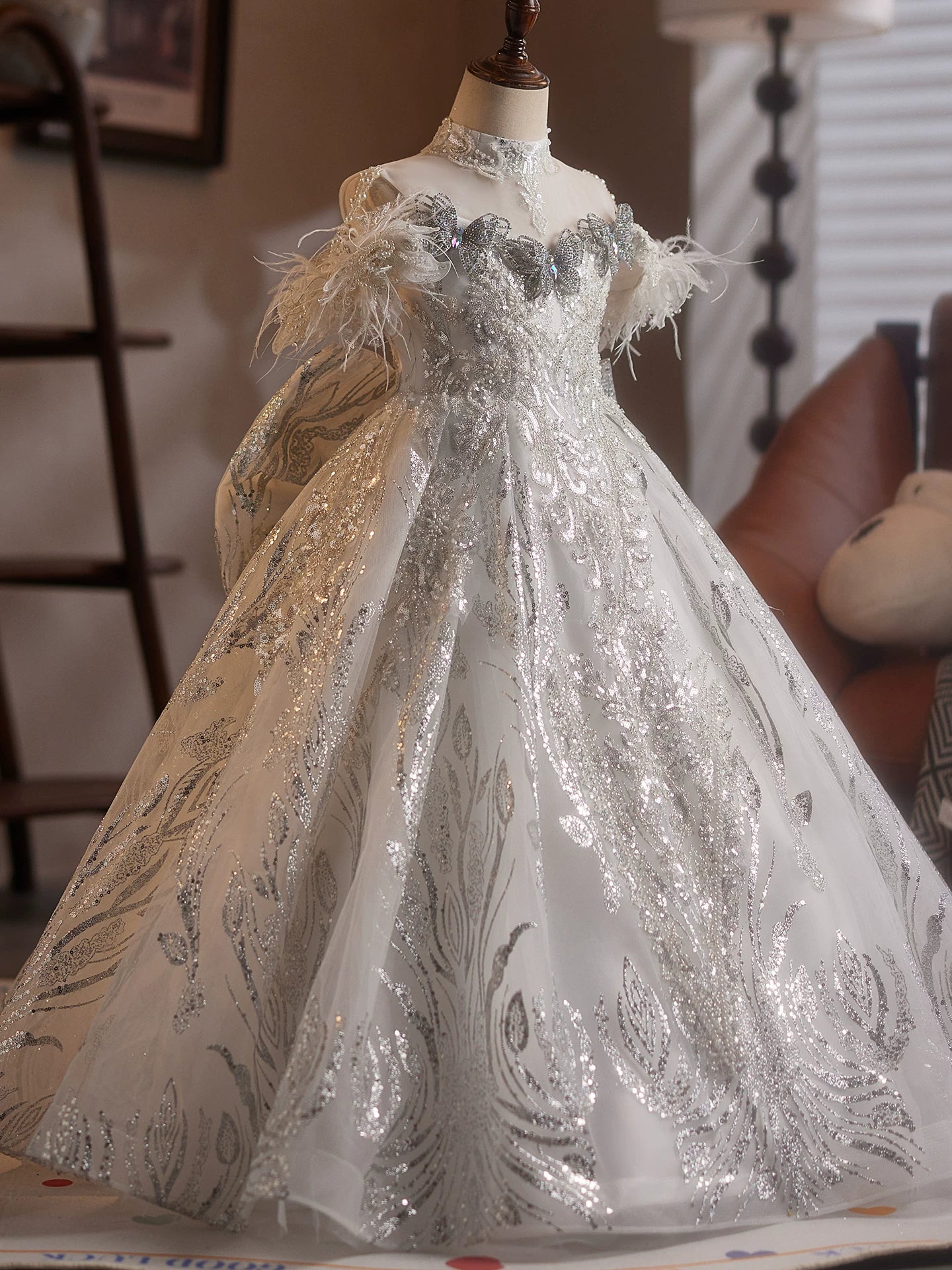 White Sequin Maxi Dress for Girls with Bow, Applique, and Fringe | Princess Party Dress