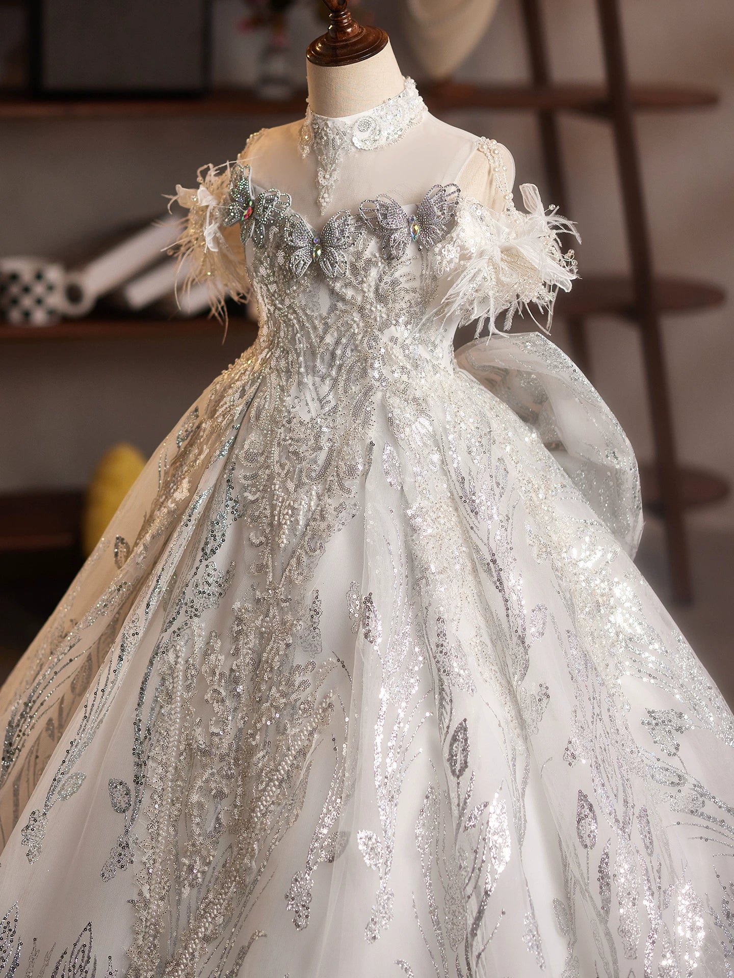 White Sequin Maxi Dress for Girls with Bow, Applique, and Fringe | Princess Party Dress