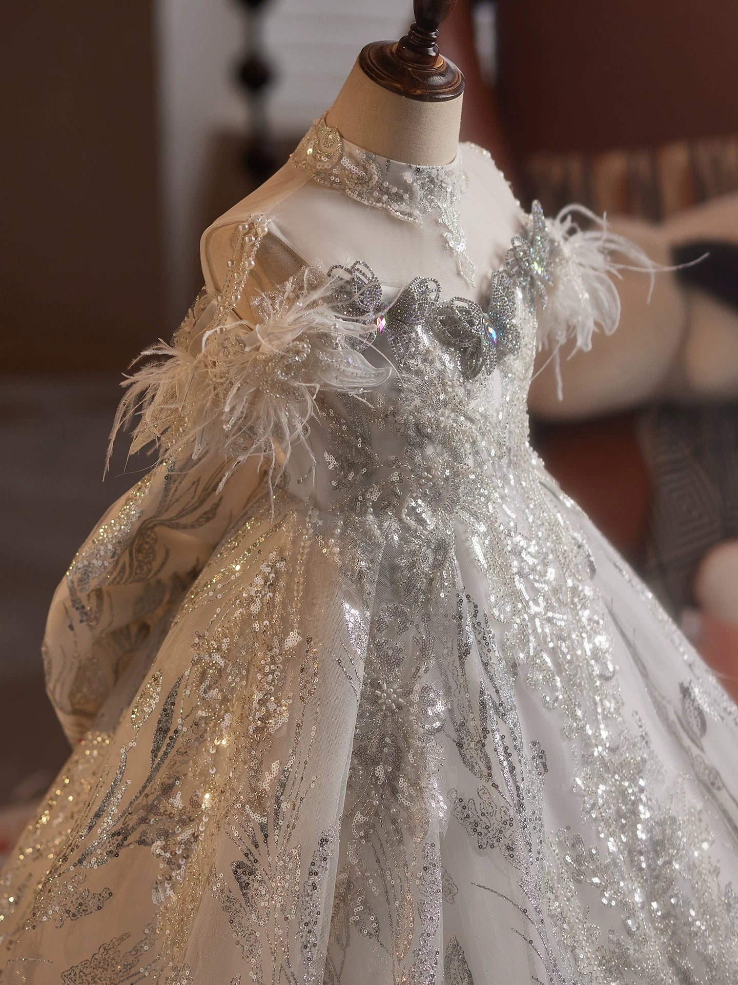 White Sequin Maxi Dress for Girls with Bow, Applique, and Fringe | Princess Party Dress