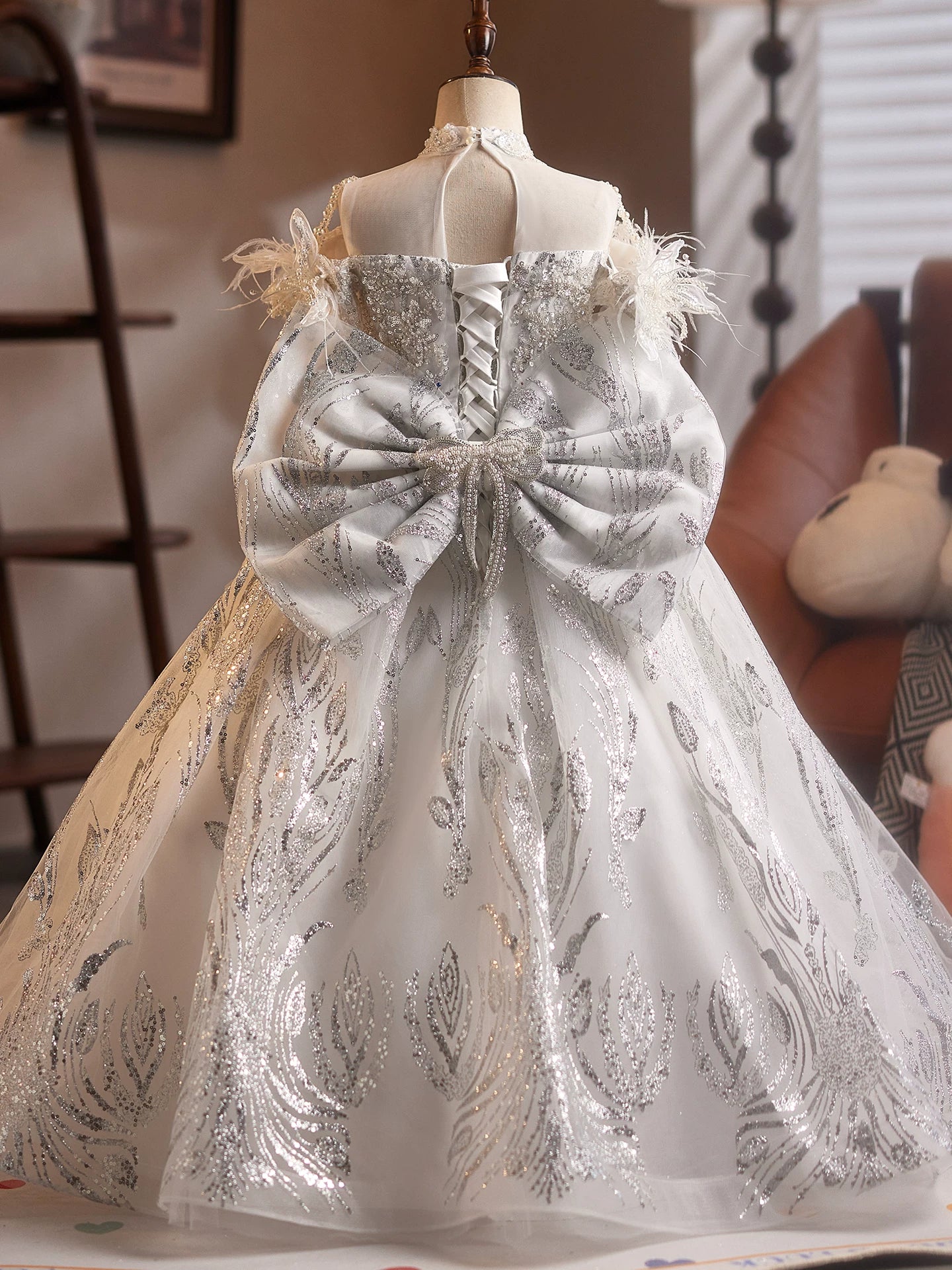 White Sequin Maxi Dress for Girls with Bow, Applique, and Fringe | Princess Party Dress