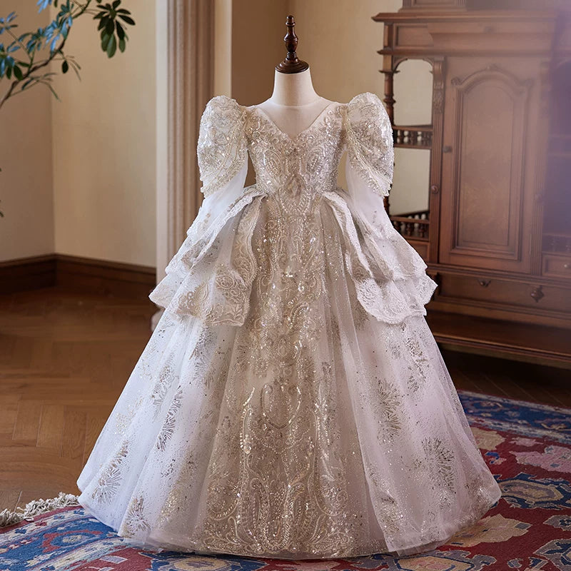 Girls' White A-Line Sequin Maxi Dress with Tiered Skirt | Party & Flower Girl Gown