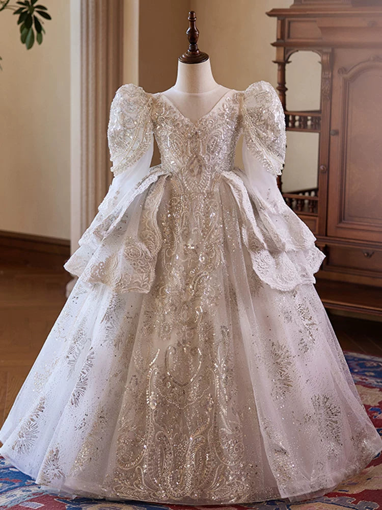 Girls' White A-Line Sequin Maxi Dress with Tiered Skirt | Party & Flower Girl Gown