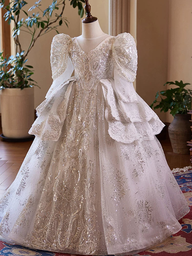 Girls' White A-Line Sequin Maxi Dress with Tiered Skirt | Party & Flower Girl Gown