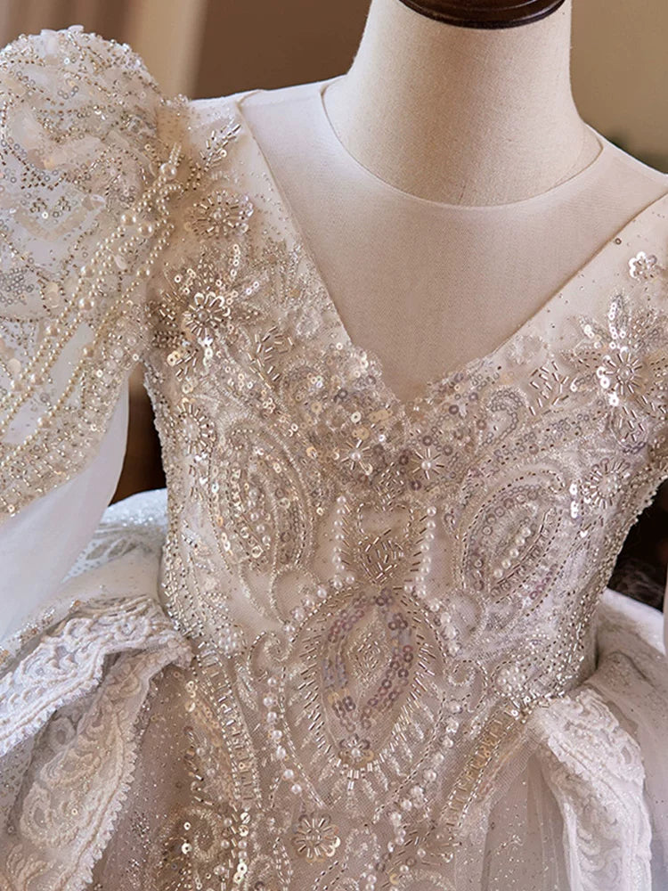 Girls' White A-Line Sequin Maxi Dress with Tiered Skirt | Party & Flower Girl Gown