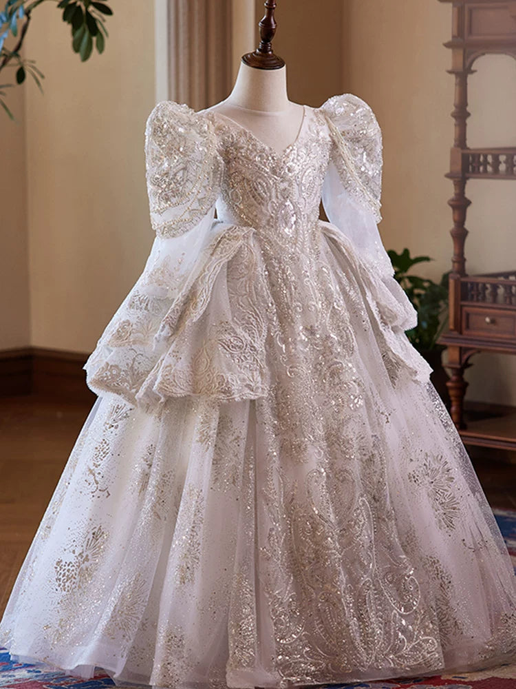 Girls' White A-Line Sequin Maxi Dress with Tiered Skirt | Party & Flower Girl Gown