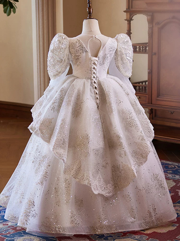 Girls' White A-Line Sequin Maxi Dress with Tiered Skirt | Party & Flower Girl Gown