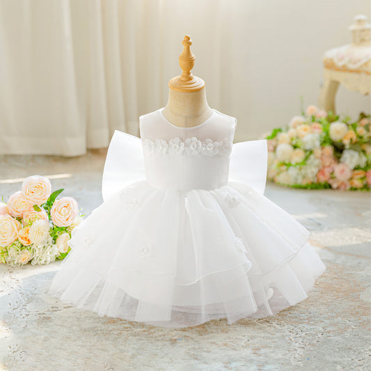Girls' Tea Length White Tulle Dress with Bow | A-Line Sleeveless Princess Dress for Special Occasions