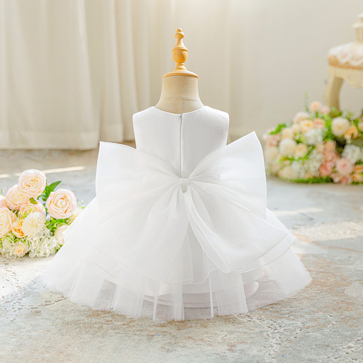 Girls' Tea Length White Tulle Dress with Bow | A-Line Sleeveless Princess Dress for Special Occasions