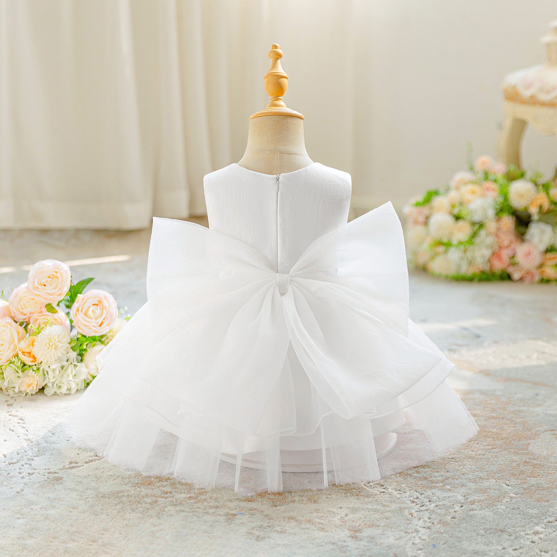 Girls' Tea Length White Tulle Dress with Bow | A-Line Sleeveless Princess Dress for Special Occasions