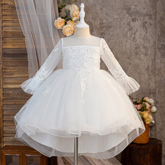 Girls' White Tulle High-Low Flower Girl Dress with Lace & Ruffles | Age 3-10