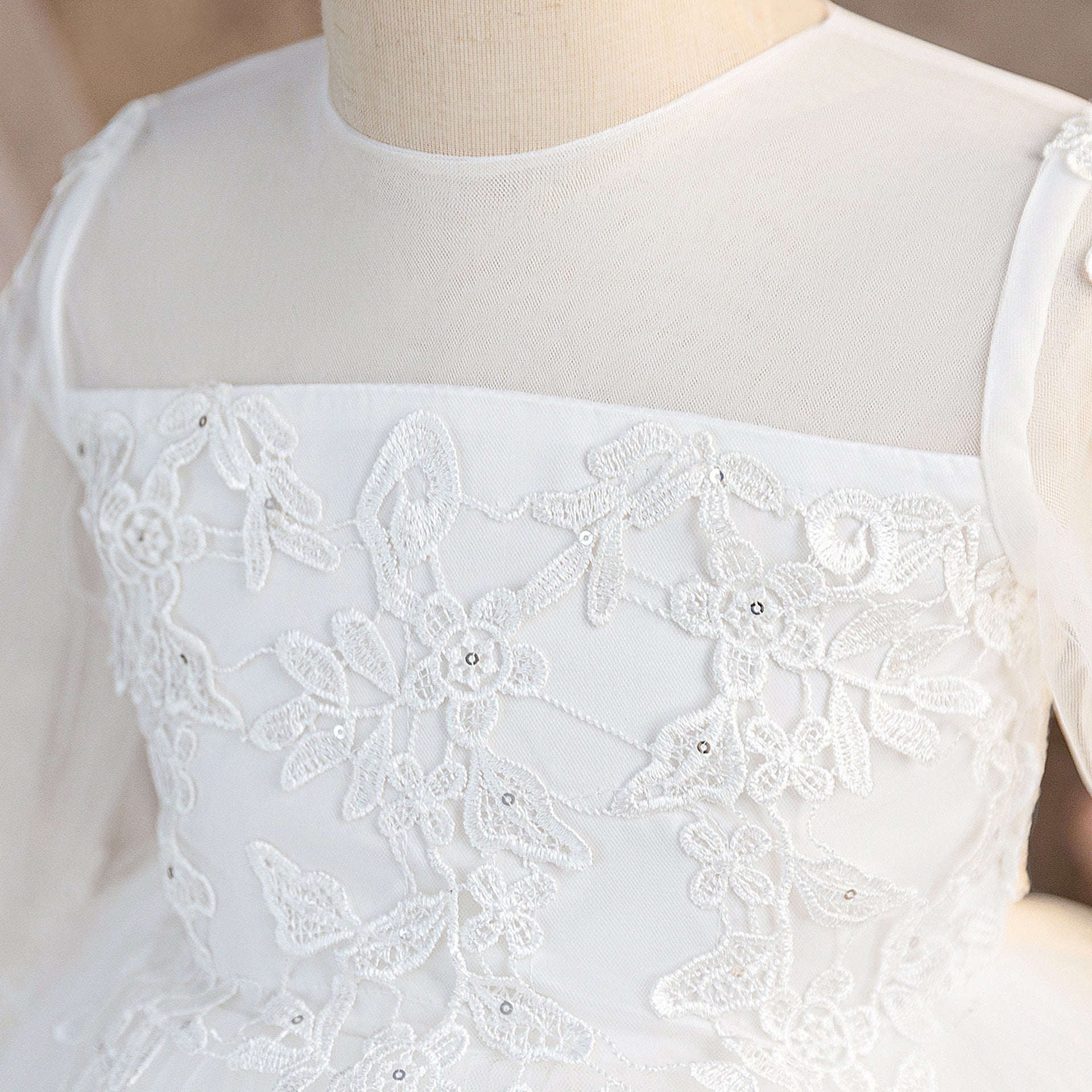 Girls' White Tulle High-Low Flower Girl Dress with Lace & Ruffles | Age 3-10