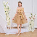 Gold Off Shoulder Bowknot Tulle Flower Girl Dress