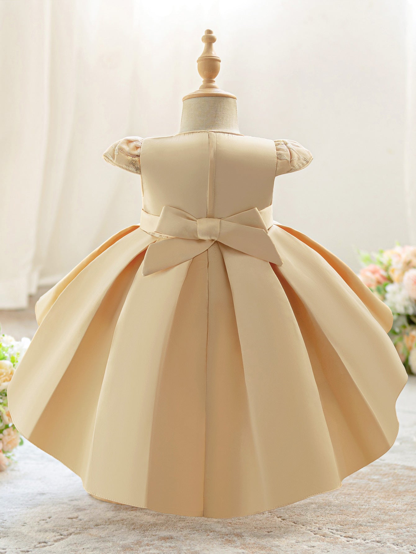 Gold Princess High-Low Ball Gown Dress for Girls – Satin, Sequins & Embroidery