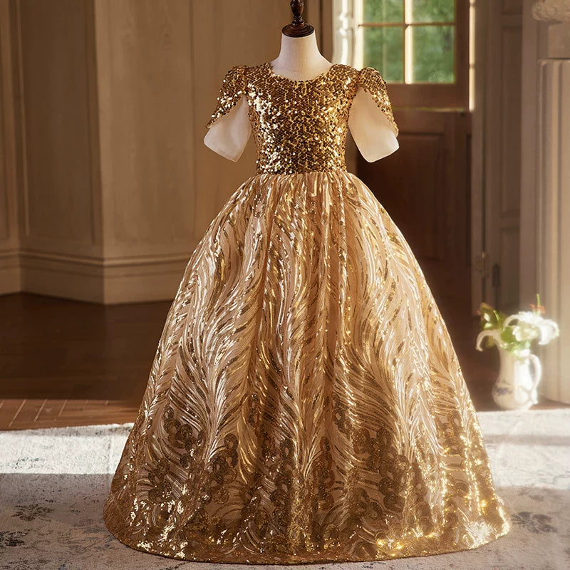 Gold Sequin Maxi Flower Girl Dress | Princess A-Line Party Gown for Little Girls