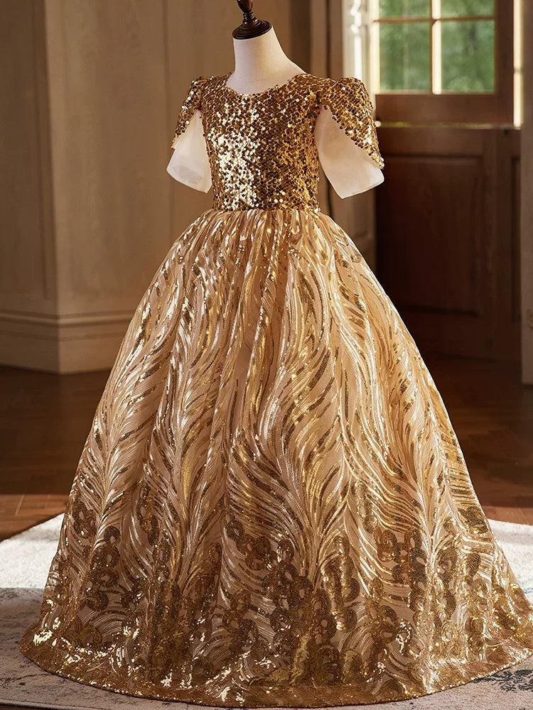 Gold Sequin Maxi Flower Girl Dress | Princess A-Line Party Gown for Little Girls