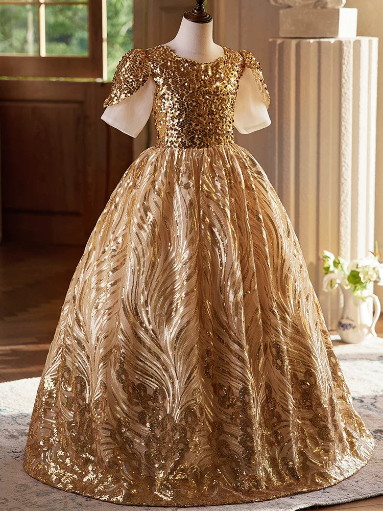 Gold Sequin Maxi Flower Girl Dress | Princess A-Line Party Gown for Little Girls