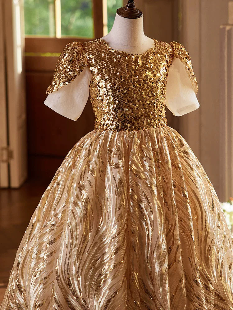 Gold Sequin Maxi Flower Girl Dress | Princess A-Line Party Gown for Little Girls