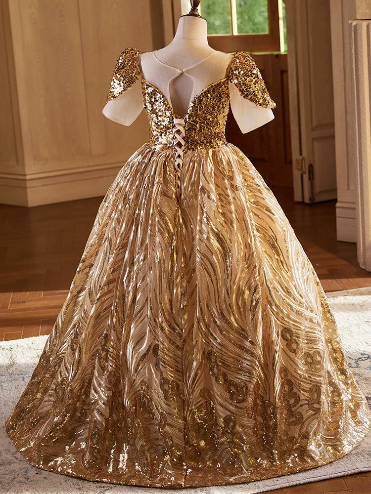 Gold Sequin Maxi Flower Girl Dress | Princess A-Line Party Gown for Little Girls