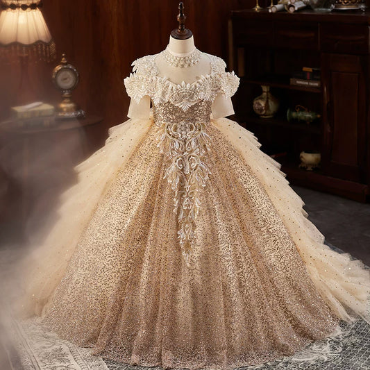 Girls Gold Sequin Mesh Maxi Dress with Tiered Skirt & Cross-back Tie | Special Occasion Gown