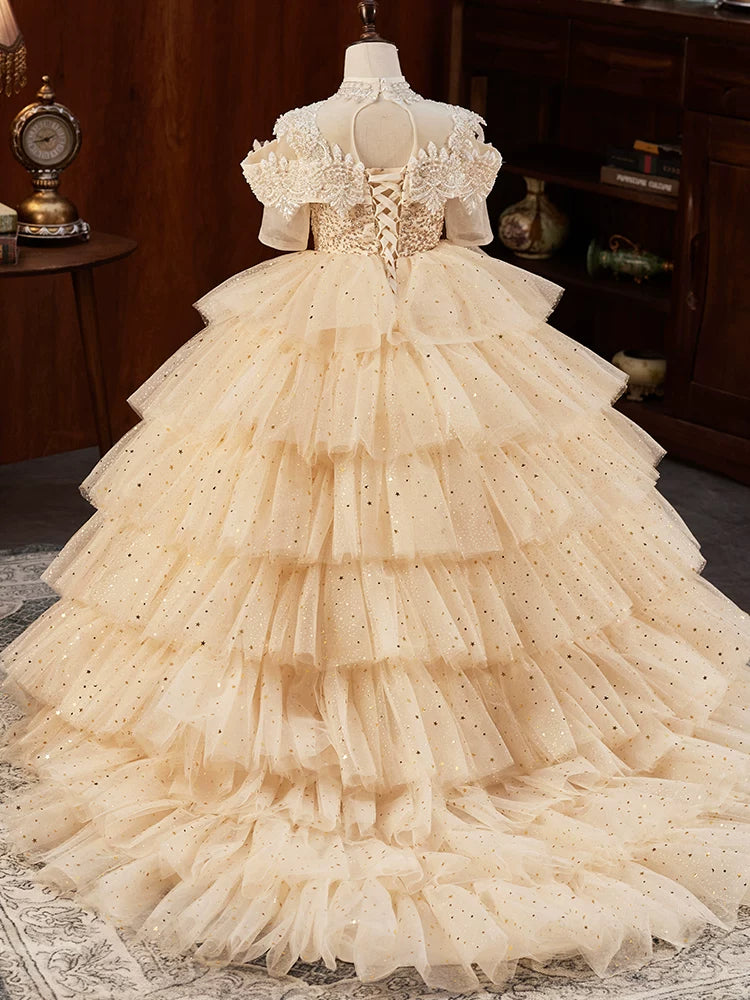 Girls Gold Sequin Mesh Maxi Dress with Tiered Skirt & Cross-back Tie | Special Occasion Gown