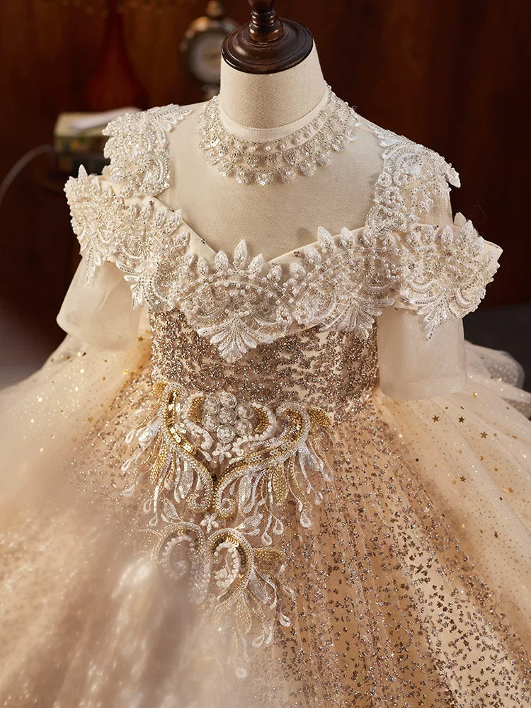 Girls Gold Sequin Mesh Maxi Dress with Tiered Skirt & Cross-back Tie | Special Occasion Gown