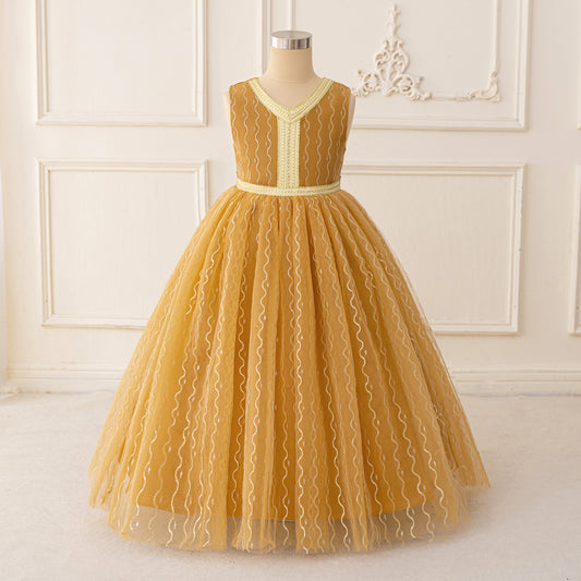 Gold Tulle A-Line Maxi Dress for Girls | Bowknot Princess Gown