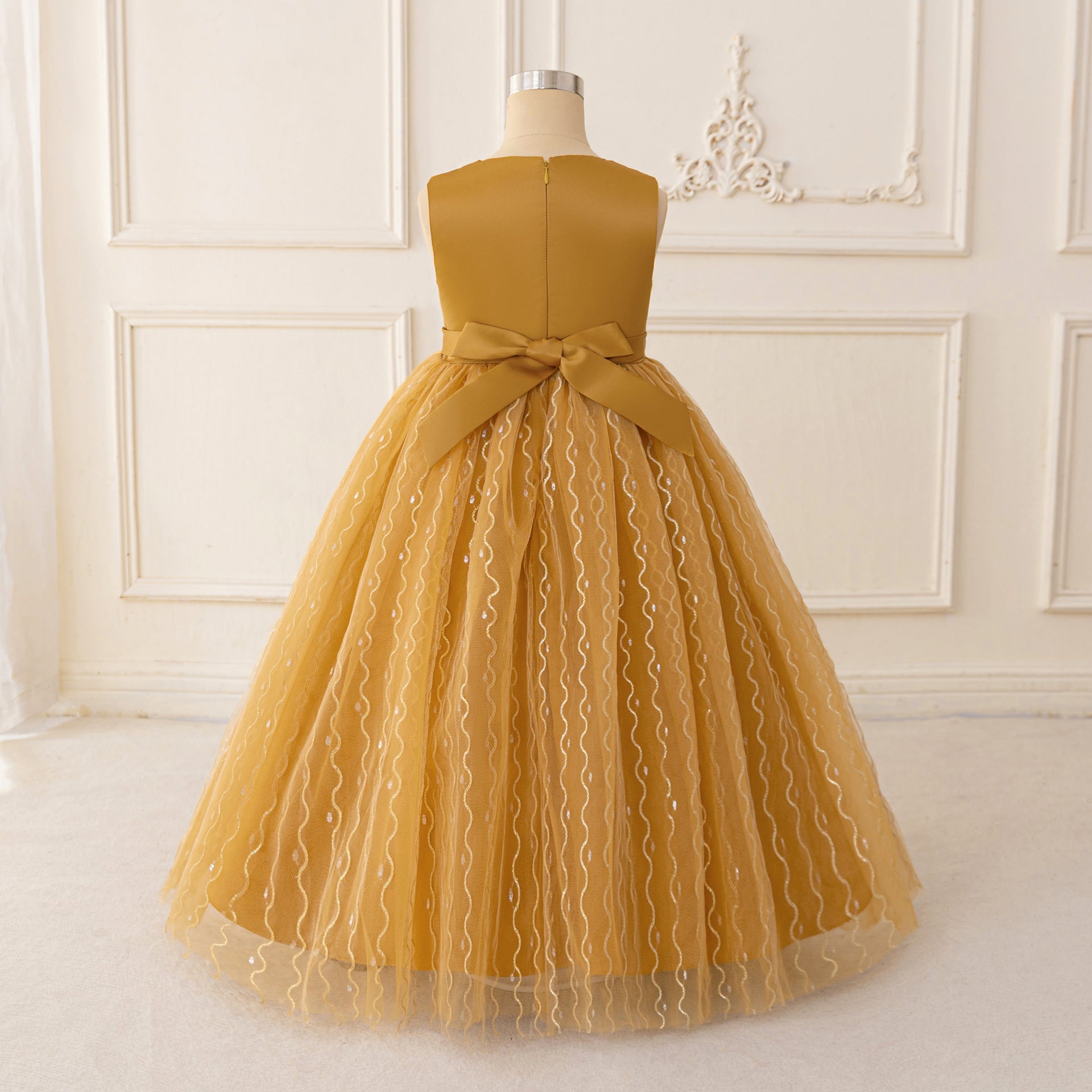 Gold Tulle A-Line Maxi Dress for Girls | Bowknot Princess Gown