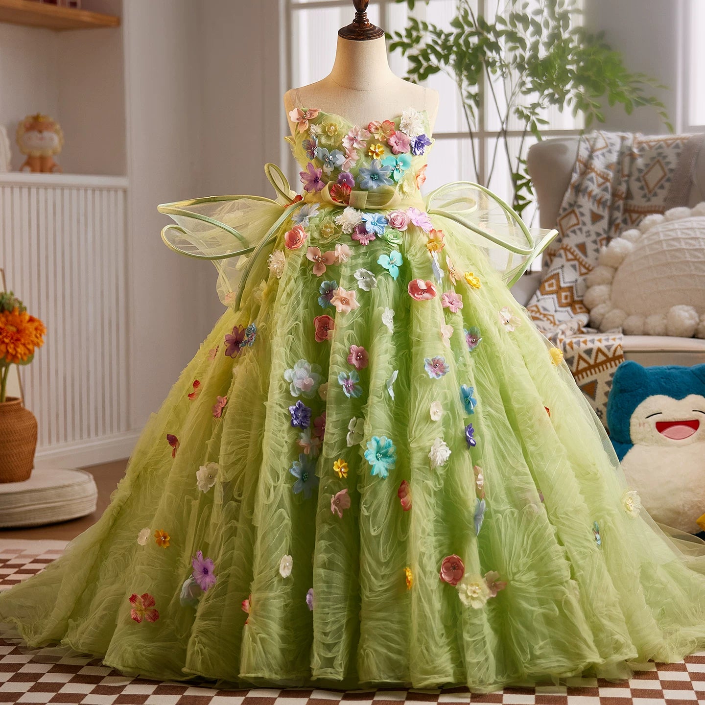 Green Fairy Maxi Dress for Girls with Fabric Flowers – A-line Party & Flower Girl Gown