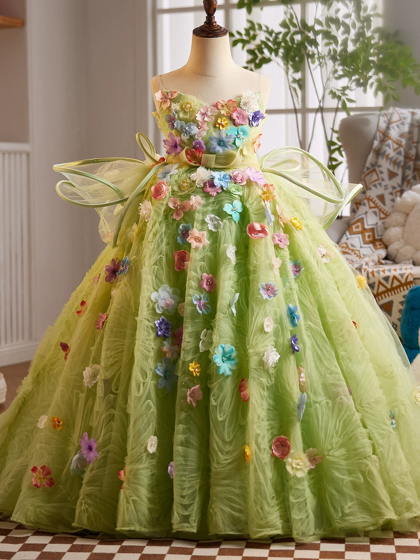 Green Fairy Maxi Dress for Girls with Fabric Flowers – A-line Party & Flower Girl Gown