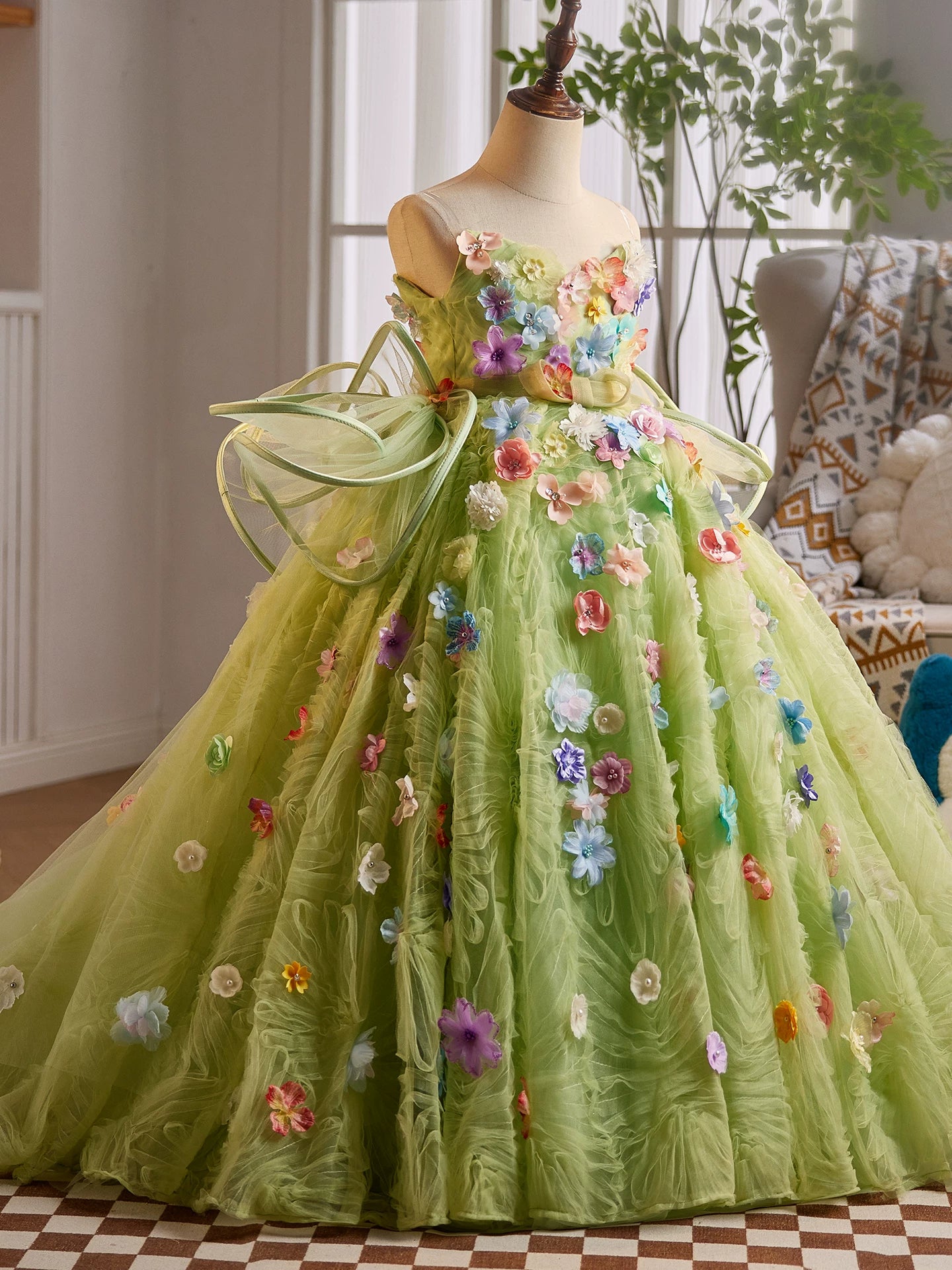 Green Fairy Maxi Dress for Girls with Fabric Flowers – A-line Party & Flower Girl Gown