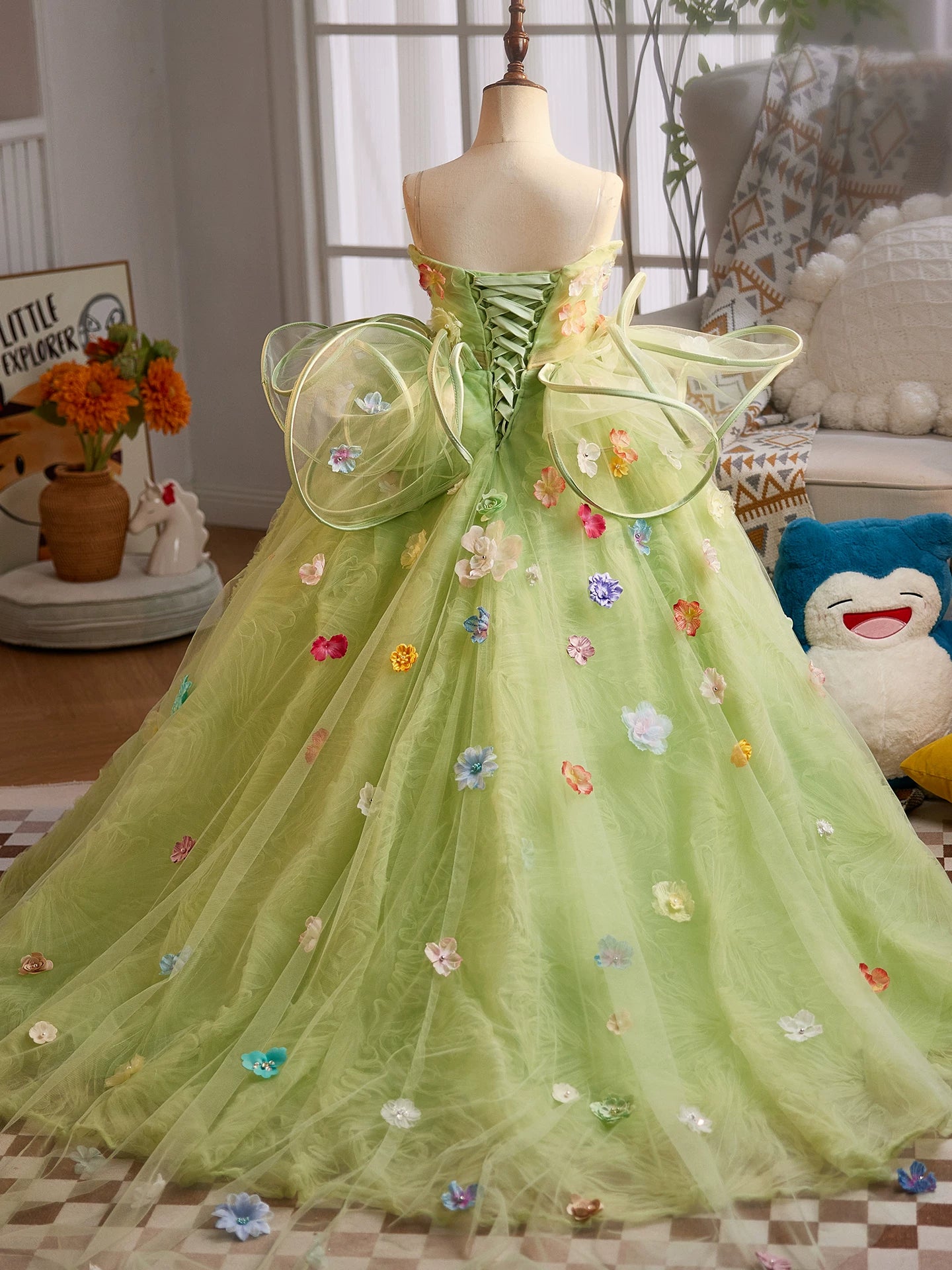 Green Fairy Maxi Dress for Girls with Fabric Flowers – A-line Party & Flower Girl Gown