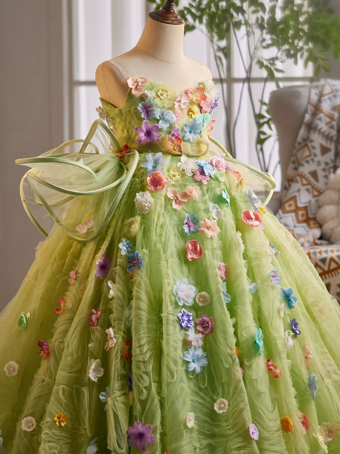 Green Fairy Maxi Dress for Girls with Fabric Flowers – A-line Party & Flower Girl Gown
