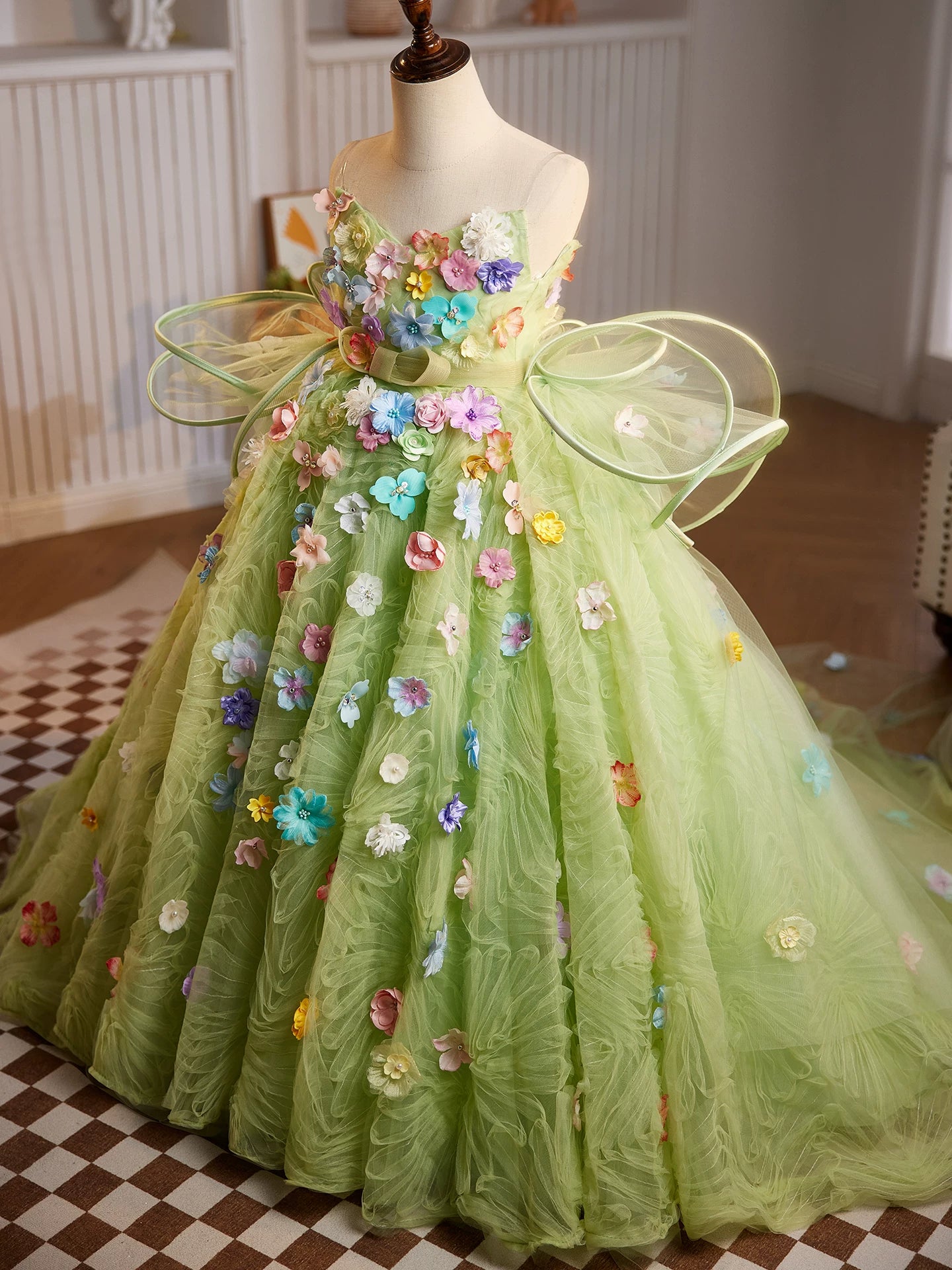 Green Fairy Maxi Dress for Girls with Fabric Flowers – A-line Party & Flower Girl Gown