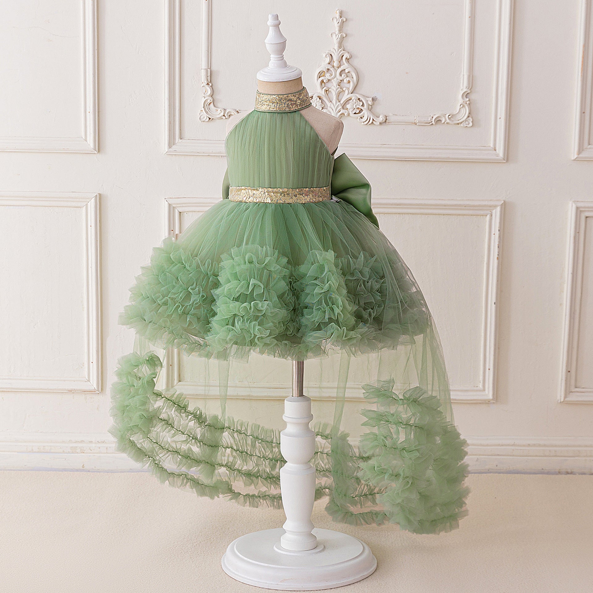 Cute Halter Neck Puffy Tulle High-Low Princess Dress for Kids