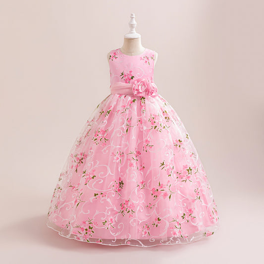 Hot Pink Floral A-Line Maxi Tulle Dress for Girls | Princess Party & Formal Wear