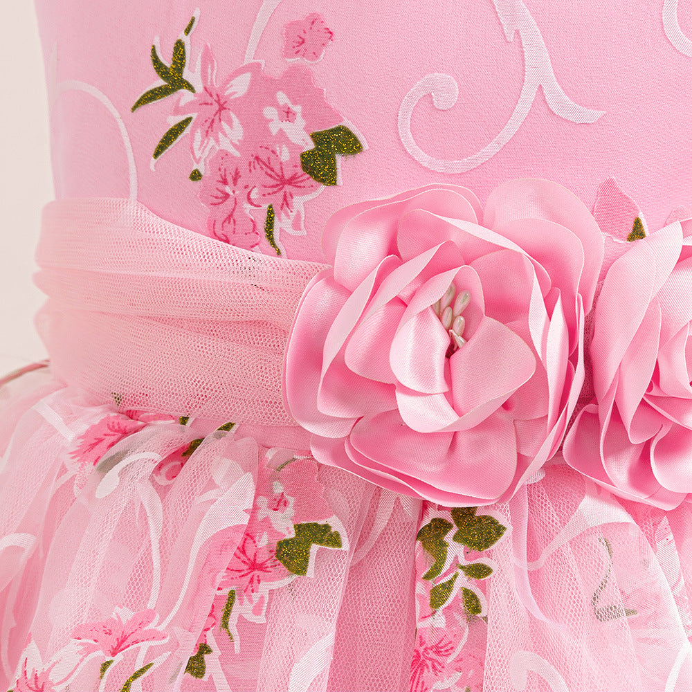 Hot Pink Floral A-Line Maxi Tulle Dress for Girls | Princess Party & Formal Wear