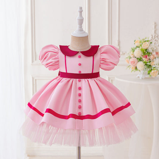 Hot Pink Puffy Sleeve Princess Dress with Collar | Girls’ Tea Length Ball Gown