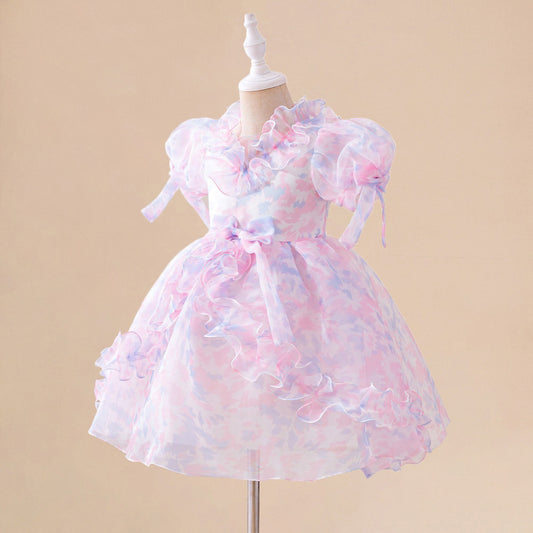 Kids Floral Print A-Line Tea Length Dress for Parties & Special Occasions