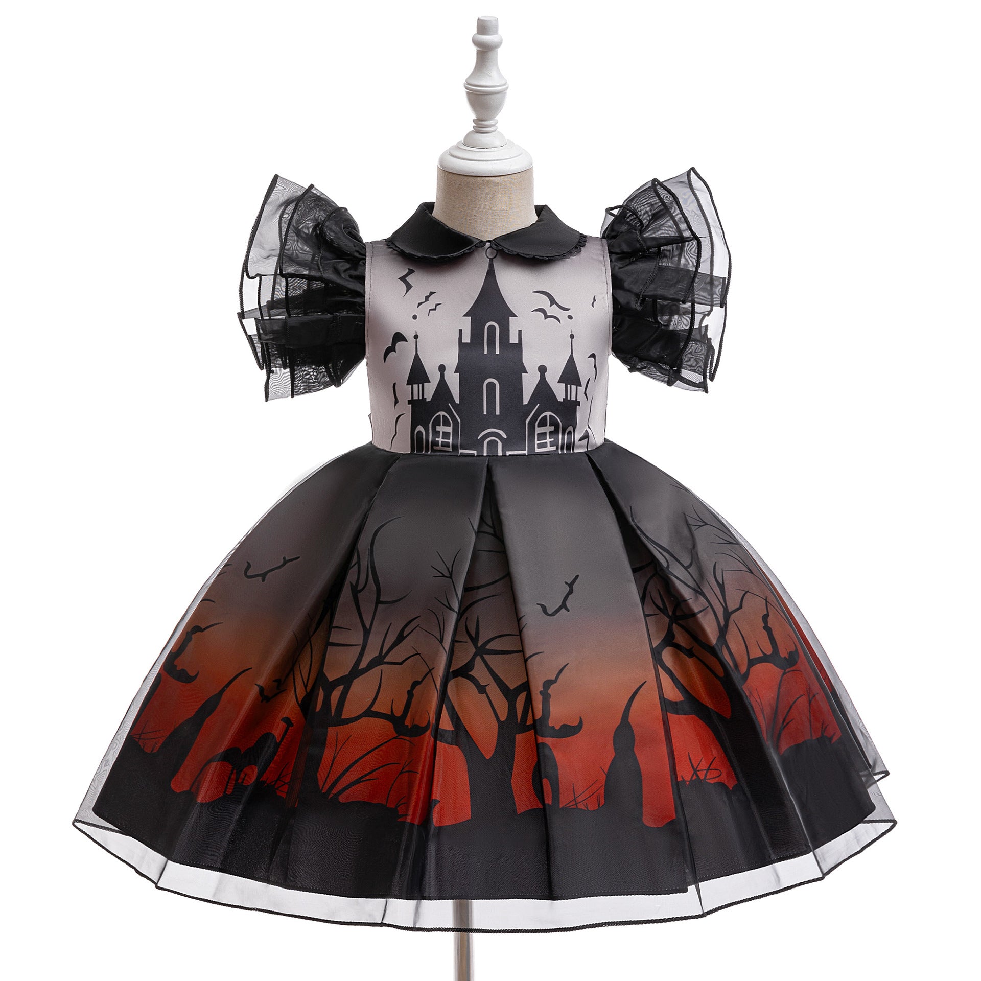 Kids Black Puffy Bat Print Witch Dress for Halloween Cosplay | Ages 3-10